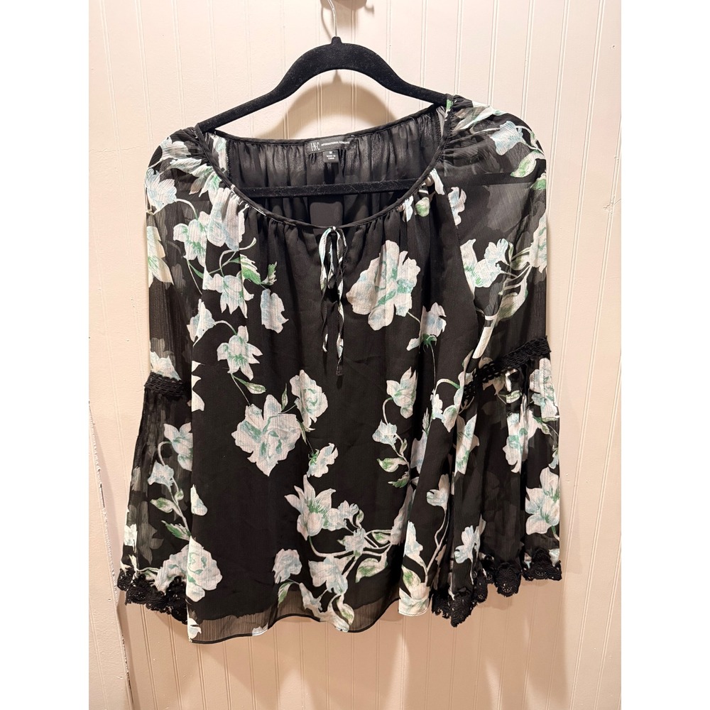 INC International Concepts Black Floral Lace Trim Bell Sleeve Peasant Top Medium